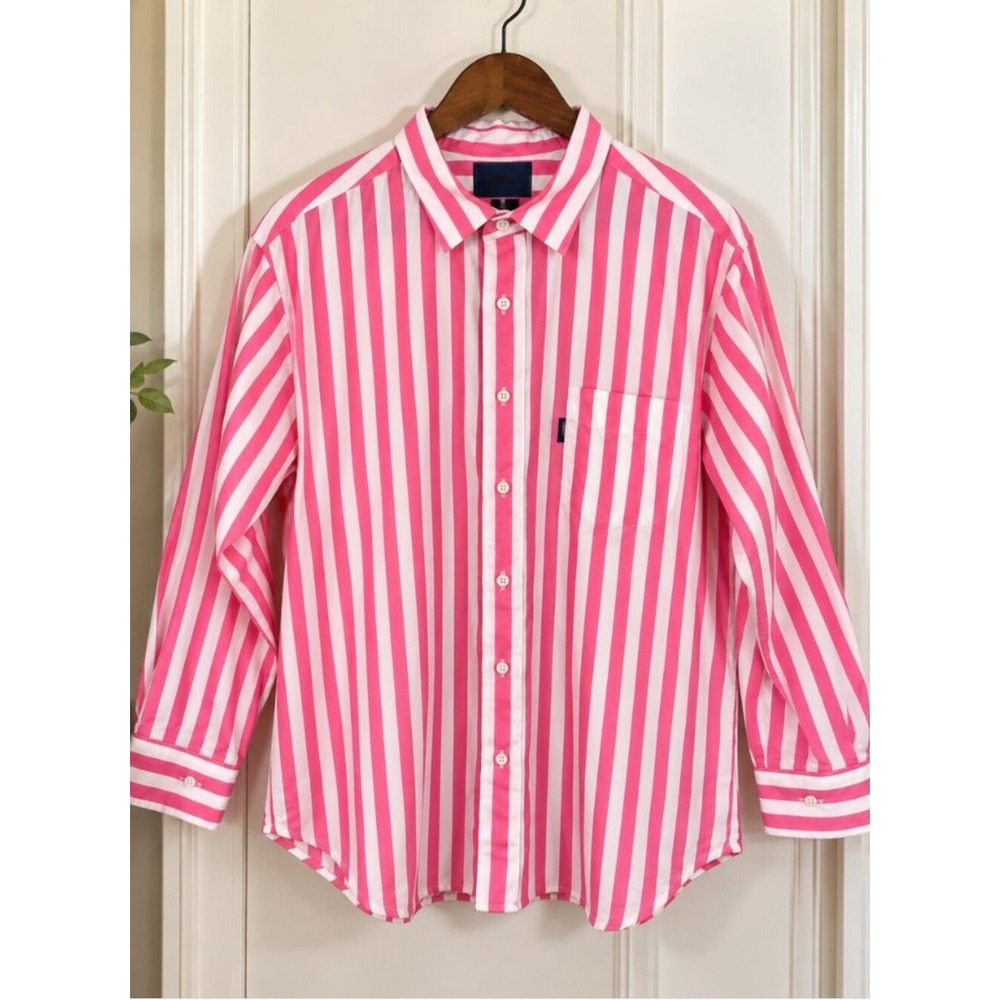 Faconnable Button Down Shirt Large Pink White Stripe Long Sleeve Logo Pocket
